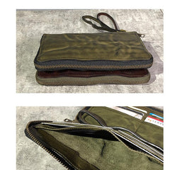 Vintage Green Leather Mens Bifold Long Wallet Brown Wristlet Wallet Brown Clutch Biker Wallet Men