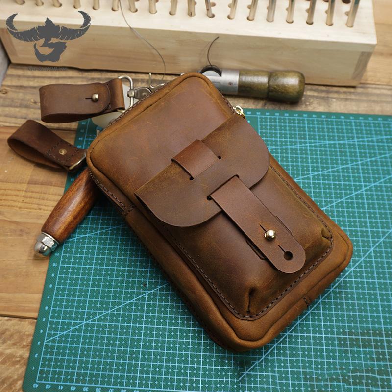 Handmade Brown LEATHER MEN Belt Pouch Waist BAG MIni Side Bag