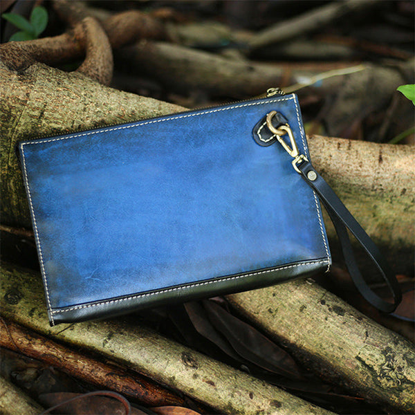 Handmade Blue Leather Clutch Wristlet Bag Wallet Zipper Large Clutch Wristlet Wallet for Men