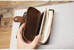 Handmade Leather Mens Bifold Long Wallet Checkbook Clutch Wallet Lots Cards Long Wallet for Men