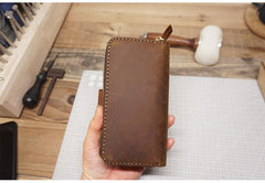 Handmade Leather Mens Bifold Long Wallet Checkbook Clutch Wallet Lots Cards Long Wallet for Men