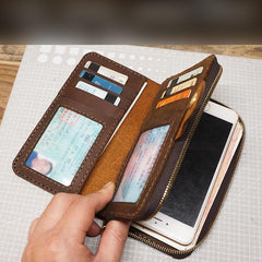 Handmade Leather Mens Bifold Long Wallet Checkbook Clutch Wallet Lots Cards Long Wallet for Men