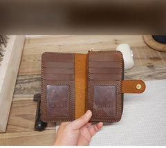 Handmade Leather Mens Bifold Long Wallet Checkbook Clutch Wallet Lots Cards Long Wallet for Men