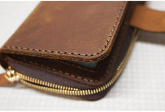 Handmade Leather Mens Bifold Long Wallet Checkbook Clutch Wallet Lots Cards Long Wallet for Men