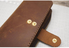 Handmade Leather Mens Bifold Long Wallet Checkbook Clutch Wallet Lots Cards Long Wallet for Men