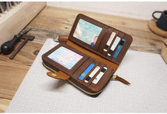 Handmade Leather Mens Bifold Long Wallet Checkbook Clutch Wallet Lots Cards Long Wallet for Men