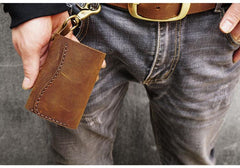 Handmade Brown Leather Mens Billfold Wallet Key Wallets Slim Trifold Key Holder Wallet for Men