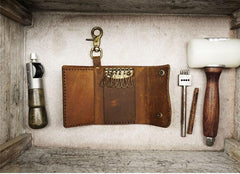 Handmade Brown Leather Mens Billfold Wallet Key Wallets Slim Trifold Key Holder Wallet for Men