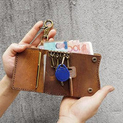 Handmade Brown Leather Mens Billfold Wallet Key Wallets Slim Trifold Key Holder Wallet for Men