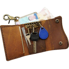 Handmade Brown Leather Mens Billfold Wallet Key Wallets Slim Trifold Key Holder Wallet for Men