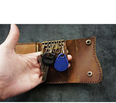 Handmade Brown Leather Mens Billfold Wallet Key Wallets Slim Trifold Key Holder Wallet for Men