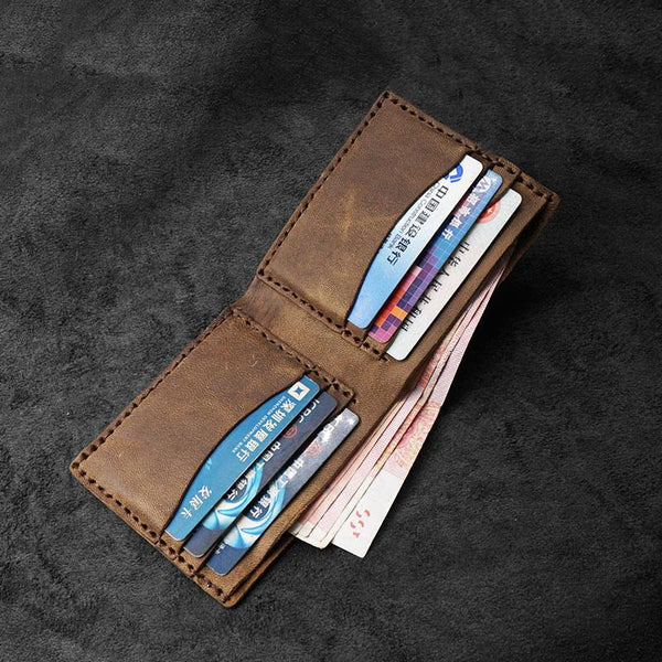 Handmade Brown Leather Mens Billfold Wallets Slim Brown Bifold Small Wallets for Men