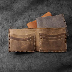 Handmade Brown Leather Mens Billfold Wallets Slim Brown Bifold Small Wallets for Men