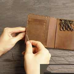 Handmade Leather Mens Trifold Billfold Wallet Key Wallet Brown Slim Key Holder Wallet for Men