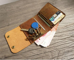 Handmade Leather Mens Trifold Billfold Wallet Key Wallets Brown Slim Key Holder Wallet for Men