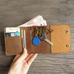 Handmade Leather Mens Trifold Billfold Wallet Key Wallet Brown Slim Key Holder Wallet for Men