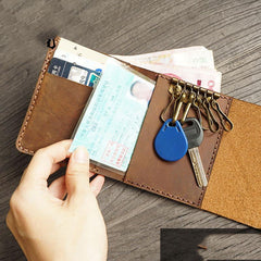 Handmade Leather Mens Trifold Billfold Wallet Key Wallet Brown Slim Key Holder Wallet for Men