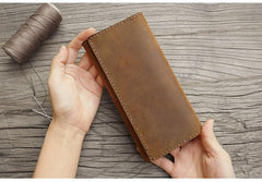 Handmade Leather Mens Trifold long Wallet Lots Cards Checkbook Long Wallet for Men