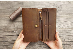 Handmade Leather Mens Trifold long Wallet Lots Cards Checkbook Long Wallet for Men