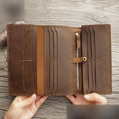 Handmade Leather Mens Trifold long Wallet Lots Cards Checkbook Long Wallet for Men