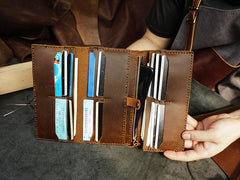 Handmade Leather Mens Trifold long Wallet Lots Cards Checkbook Long Wallet for Men