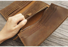 Handmade Leather Mens Trifold long Wallet Lots Cards Checkbook Long Wallet for Men