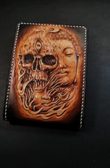 Handmade Leather Skull and Buddha Tooled Mens billfold Wallet Cool Leather Card Wallet Slim Wallet for Men