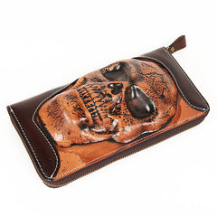 Handmade Coffee Leather Tooled Relief Skull Long Wallet Cool Skull Zipper Clutch Wristlet Wallet for Men