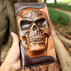 Handmade Leather Tooled Relief Skull Long Wallet Cool Skull Zipper Clutch Wristlet Wallet for Men