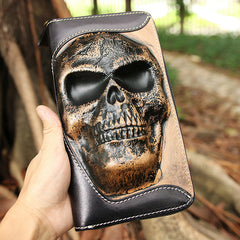 Handmade Leather Tooled Relief Skull Long Wallet Cool Skull Zipper Clutch Wristlet Wallet for Men