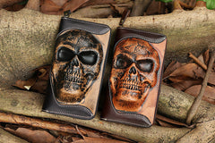 skull head wallet chain Handmade Leather Tooled Wallet Long Skull Wallet Cool Skull Zipper Clutch Wallet for Men