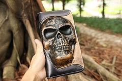 Handmade Coffee Leather Tooled Relief Skull Long Wallet Cool Skull Zipper Clutch Wristlet Wallet for Men