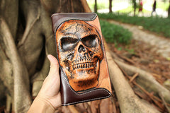 Handmade Coffee Leather Tooled Relief Skull Long Wallet Cool Skull Zipper Clutch Wristlet Wallet for Men