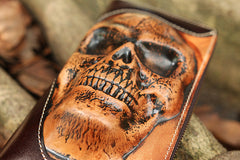 Handmade Black Leather Tooled Relief Skull Long Wallet Cool Skull Zipper Clutch Wristlet Wallet for Men