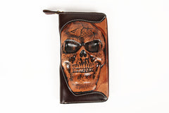 Handmade Leather Tooled Relief Skull Long Wallet Cool Skull Zipper Clutch Wristlet Wallet for Men