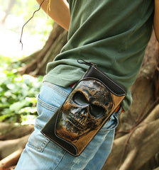 Handmade Black Leather Tooled Relief Skull Long Wallet Cool Skull Zipper Clutch Wristlet Wallet for Men