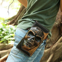 Handmade Leather Tooled Relief Skull Long Wallet Cool Skull Zipper Clutch Wristlet Wallet for Men