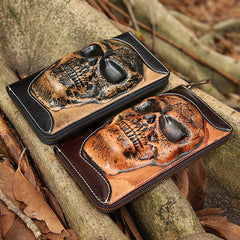 Handmade Coffee Leather Tooled Relief Skull Long Wallet Cool Skull Zipper Clutch Wristlet Wallet for Men