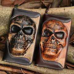 Handmade Coffee Leather Tooled Relief Skull Long Wallet Cool Skull Zipper Clutch Wristlet Wallet for Men