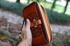 Handmade Leather Tooled Tibetan Totem Long Wallet Cool Zipper Clutch Wristlet Wallet for Men