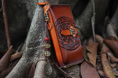 Handmade Leather Tooled Tibetan Totem Long Wallet Cool Zipper Clutch Wristlet Wallet for Men