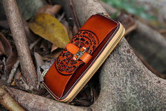 Handmade Leather Tooled Tibetan Totem Long Wallet Cool Zipper Clutch Wristlet Wallet for Men