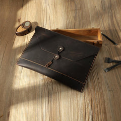 Handmade Black Mens Clutch A4 Envelope File Bag Personalized Black Leather Folder Purse for Men