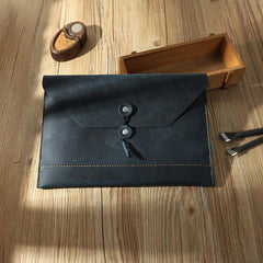 Handmade Black Mens Clutch A4 Envelope File Bag Personalized Black Leather Folder Purse for Men