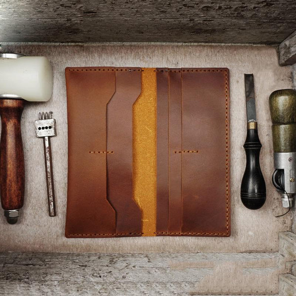 Handmade Slim Brown Leather Mens Bifold Long Wallet Lots Cards Long Wallet for Men