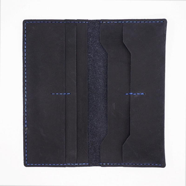 Handmade Slim Blue Leather Mens Bifold Long Wallet Lots Cards Long Wallet for Men