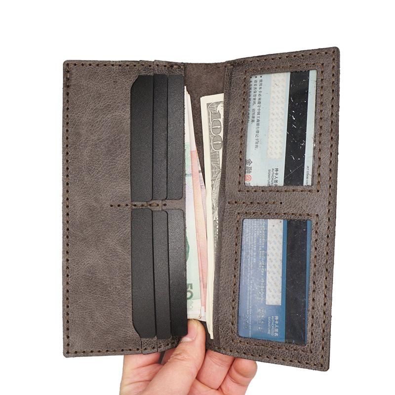 Handmade Slim Checkbook Wallet Khaki Leather Mens Bifold Long Wallet Lots Cards Long Wallet for Men