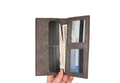 Handmade Slim Checkbook Wallet Leather Mens Bifold Long Wallet Lots Cards Long Wallet for Men