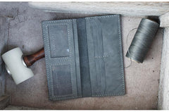 Handmade Slim Checkbook Wallet Leather Mens Bifold Long Wallet Lots Cards Long Wallet for Men