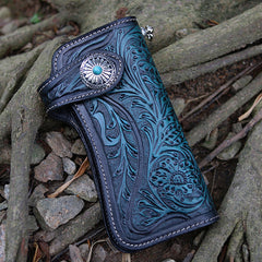 Handmade Tooled Blue Leather Floral Biker Chain Wallet Mens Long Wallet with Chain for Men